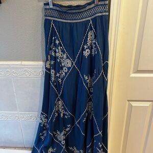 Meadow Rue Blue Maxi Skirt with White Embroidery
